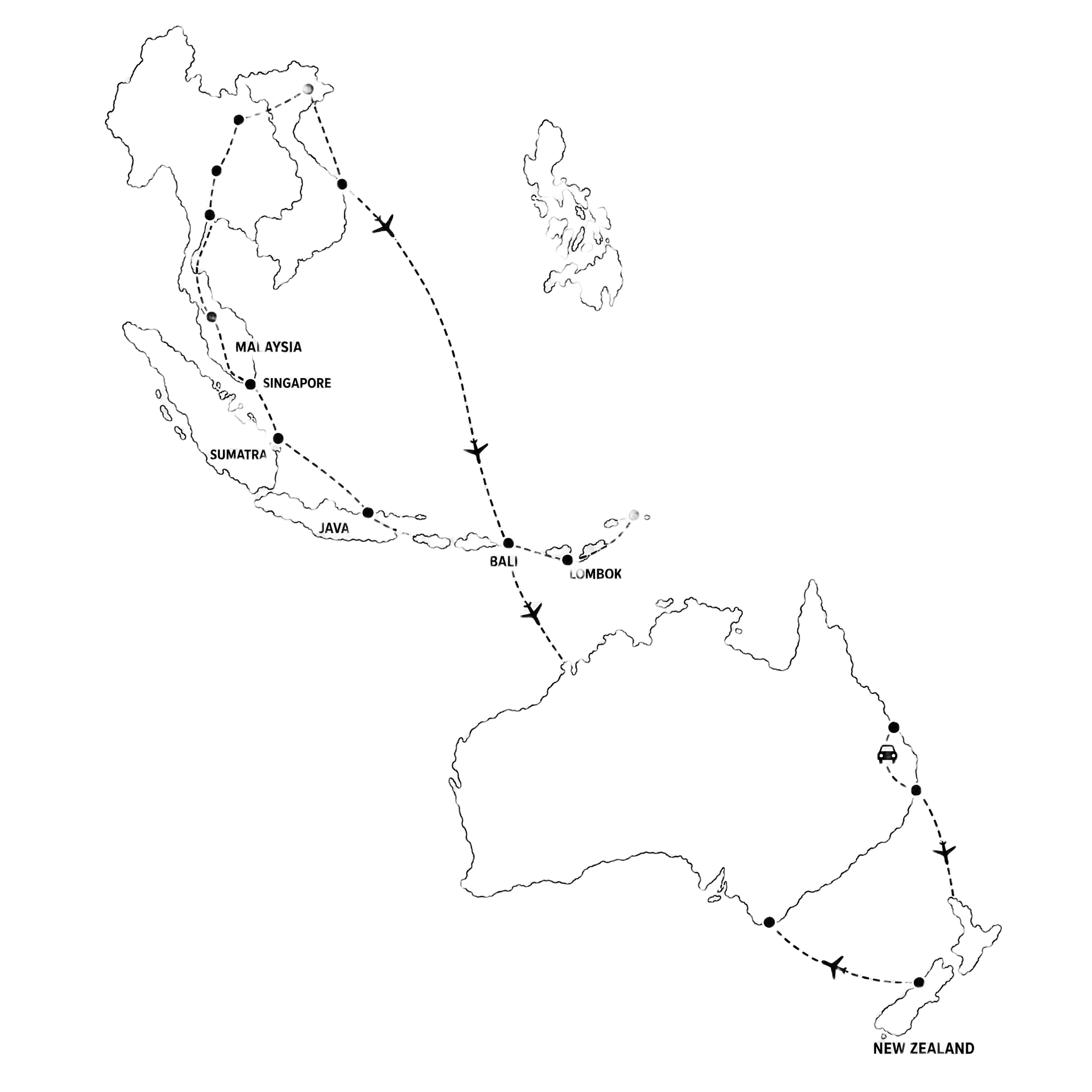 Mapa našich cest — Praha, jihovýchodní Asie, Austrálie, Nový Zéland
